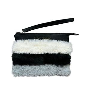 Betsey Johnson Wristlet Pouch Purse White Black Gray Faux Fur Sunglasses Case